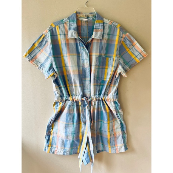Gap Sz 14 Short Sleeve Plaid Romper Drawstring Waist Pockets Button Down - Picture 2 of 14